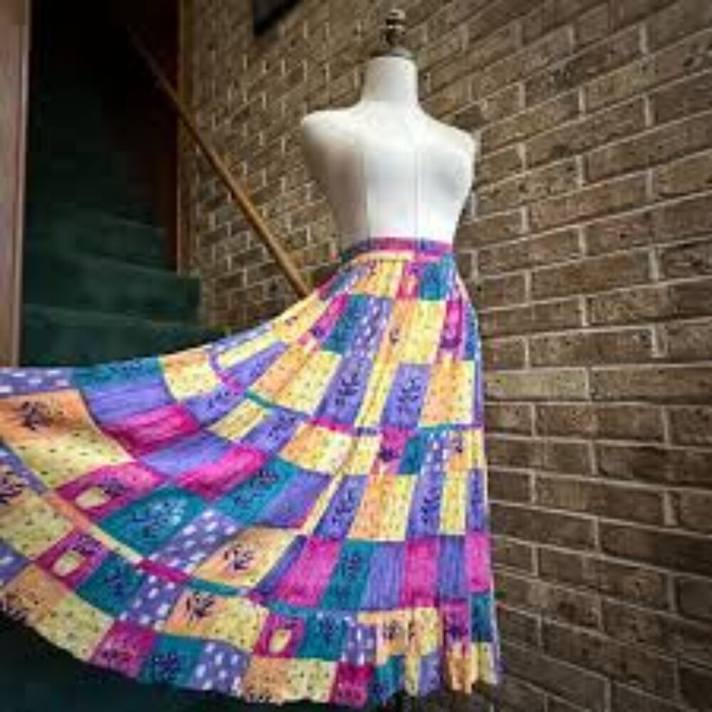 Vintage Patchwork Boho Bright Colorful Flowy Skirt Women's Size Small